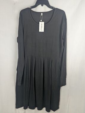 Auselly Black Long Sleeve Pleated Midi Dress